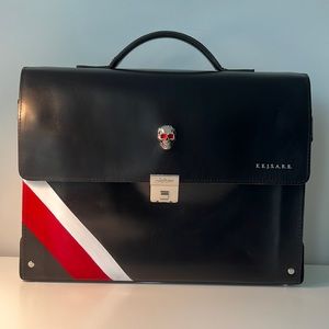 Gorgeous soft black leather briefcase! Metal skull, red, white hand painted.